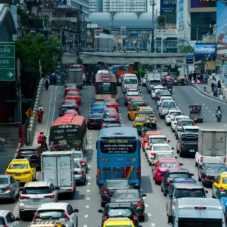 A huge traffic jam with five lanes of bumper-to-bumper traffic