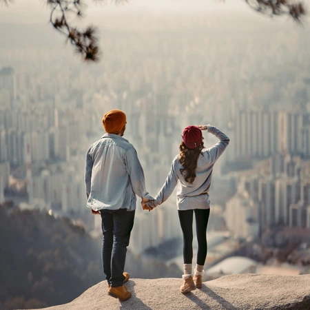 a man and a woman looking down on a big city from some high vantage point