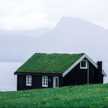 an old house with grass-covered roof situated on a green shore of some lake